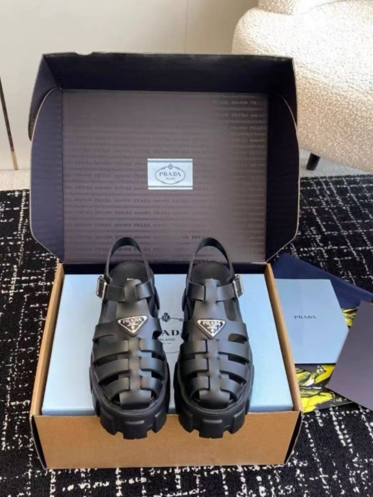 Prada Vintage Black Fisherman Cage Lug Sole Platform Sandals